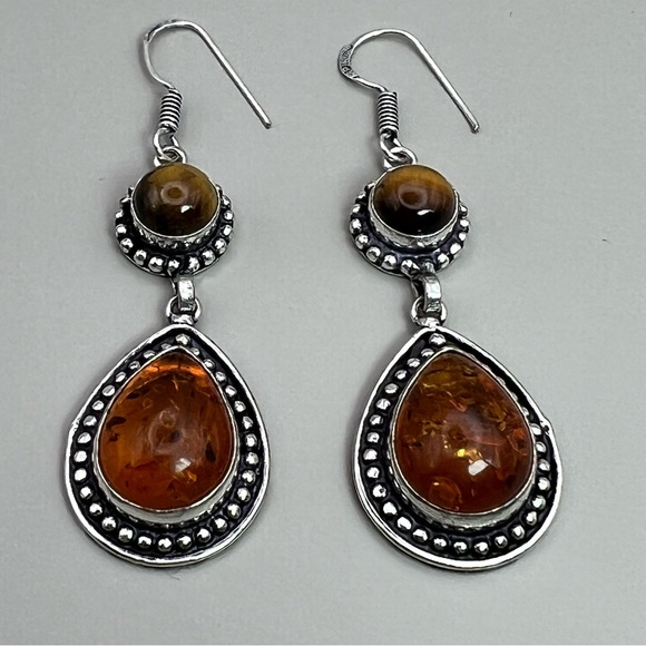 New Tigers Eye Gemstone with Sim Amber Silver Overlay Earrings - Picture 5 of 6